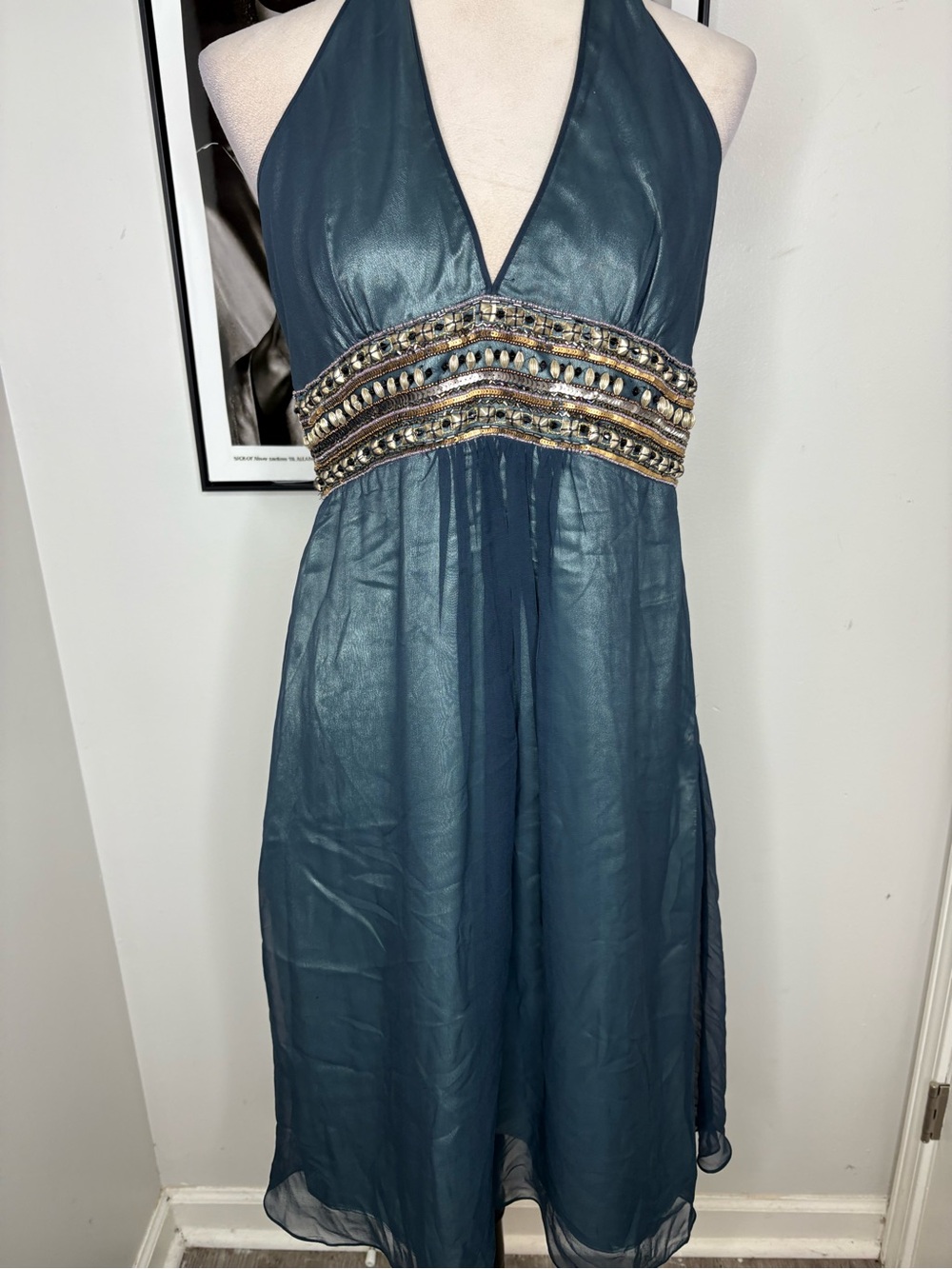 Adrianna Papell Teal Halter Dress with Beaded Waistband